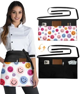 Reversible Server Apron with 6 Pockets - Waist Apron for Waitress Women Half ... - Picture 1 of 6