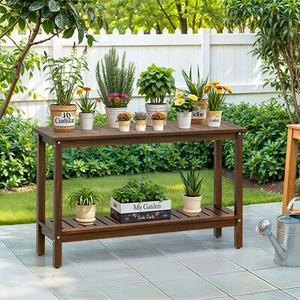 Coffee Wooden Console Table 48in Indoor Outdoor Buffet Bar Storage Organizer - Picture 1 of 24