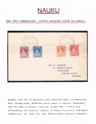 Coronación Nauru 1937 - 2 cubiertas que muestran cancelaciones P5 transparentes - SC 35-38 [SG 44-47] M2 Foto 1 de 4
