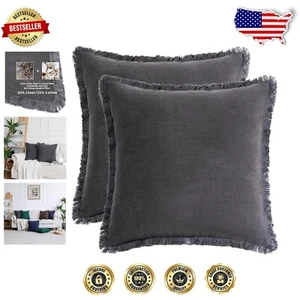 Rustic 20x20 Dark Grey Linen Cushion Covers Set with Stylish Tassels - 2 Pack - Picture 1 of 8