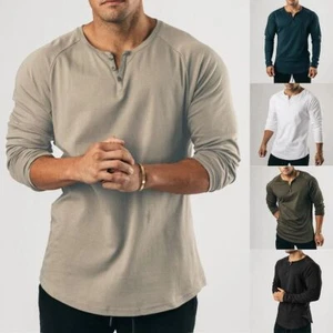Casual Grandad T-Shirt in Soft Cotton Blend with Slim Fit and Long Sleeve - Picture 1 of 39