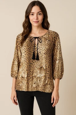 Blusa Top New Directions Para Mujer Marrón y Negro Estampado Animal Manga 3/4 Borlas Foto 1 de 4