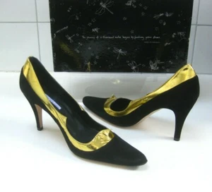 BEATRIX ONG SHOES 5 STILETTO high heels sexy retro AQUARIUS Gold black leather  - Picture 1 of 12