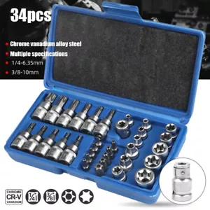 34pcs Torx Star Socket & Bit Set Male Female E & T Sockets with Torx Bits + Case - Picture 1 of 15