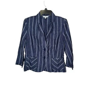CAbi Womens Jacket Linen Mitered Stripe Nautical Anchor Blazer 3/4 Sleeve Blue 4 - Picture 1 of 9