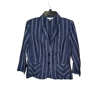 CAbi Womens Jacket Linen Mitered Stripe Nautical Anchor Blazer 3/4 Sleeve Blue 4 - Image 1 of 4