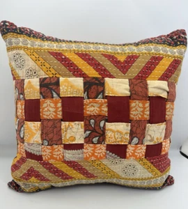 "Almohada cojín de retazos tejido cesta Sasha borgoña rojo naranja tostado 16x16""" - Imagen 1 de 6