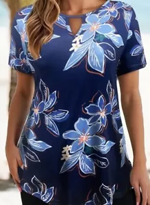 Blue Floral Keyhole Short Sleeve Top XL US Size 12 New Free Ship - Picture 1 of 2