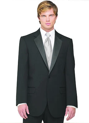 Sizes 35-64. Long 7-Piece Tuxedo Package w/Flat Front Pants, Platinum Vest & Tie - Image 1 of 4