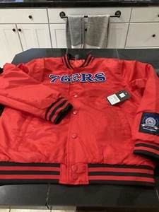 MENS Philadelphia 76ers NBA BOMBER Button Up Jacket Coat UNK L LRG RED NWT $125 - Picture 1 of 7