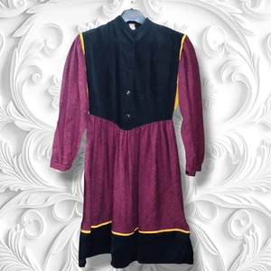 Vintage 1980er italienisches Kleid "Veronica" schwarz Samt & burgunder Baumwolle Größe 10 - Bild 1 von 16