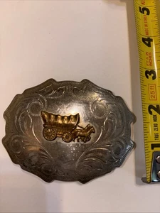 VTG Covered Wagon Out West Nickel Silver Engraved Swirl Belt Buckle PREOWNED - Picture 1 of 9