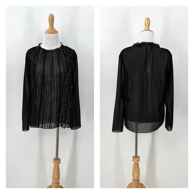 Blusa SANDRO Lurex Rayas Manga Larga Top Mujer Pequeña Negra Dorada Seda Transparente Foto 1 de 4