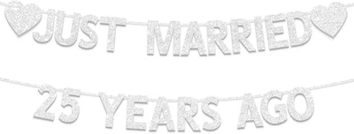 25 Aniversario Boda Fiesta Banner Decoraciones, Brillo Plateado Recién Casado 2 Foto 1 de 4