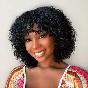 Black Short Curly Wigs with Bangs Human Hair Wigs for Women Soft Glueless Wigs - Picture 1 of 7