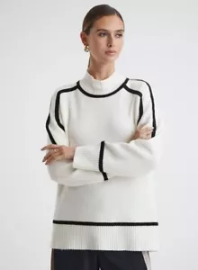 REISS Geo Casual Wool Contrast Funnel Neck Jumper Top in Ivory/Black Size S - Picture 1 of 5