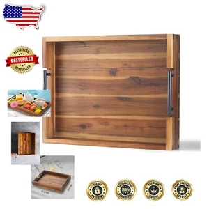 Bandeja para servir madera de acacia 16,5 x 12,5 pulgadas: diseño clásico con asas de metal resistentes - Imagen 1 de 8