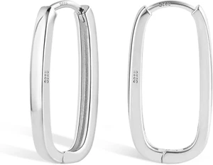 925 Sterling Rectangle Hoop Earrings for Women Geometric Hypoallergenic Oval Hoo - Picture 1 of 12