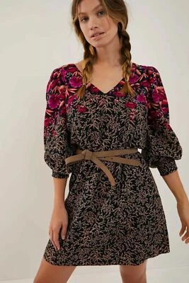 NWT Anthropologie Cyree Tunic Mini Dress US 0 P/UK 4 P Black & Purple Motif $168 - Image 1 of 4