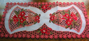 Christmas Embroidered Table Runner Cut Work Bell Poinsettia 34"x16" Red White - Picture 1 of 10