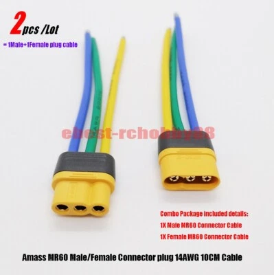 2pcs Amass MR60 Male/Female Connector plug 14AWG 10CM Cable for RC Battery Drone - Image 1 of 4
