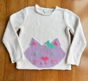 Garnet Hill Kids Sweater Cotton White Purple Long Sleeve Cat Sz Large - Picture 1 of 4