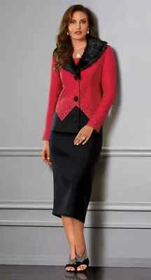 Size 10 Red Black Alara Fur-Trim Skirt Suit Set from Midnight Velvet new - Image 1 of 3