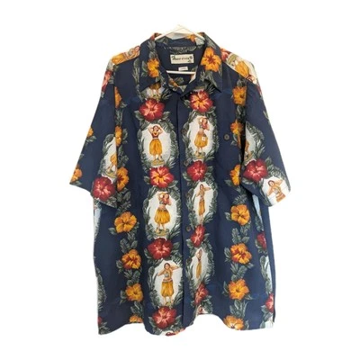 Robert Stock 夏威夷衬衫男式短袖蓝色花卉草裙舞女孩美国大号 — 第 1/4 张图片