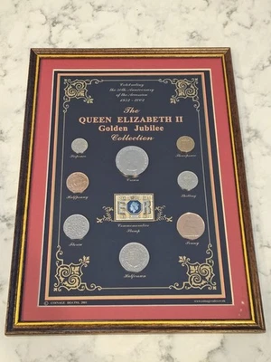 2002 Queen Elizabeth II Golden Jubilee  Collection Coins & Stamp in Wooden Frame - Image 1 of 4