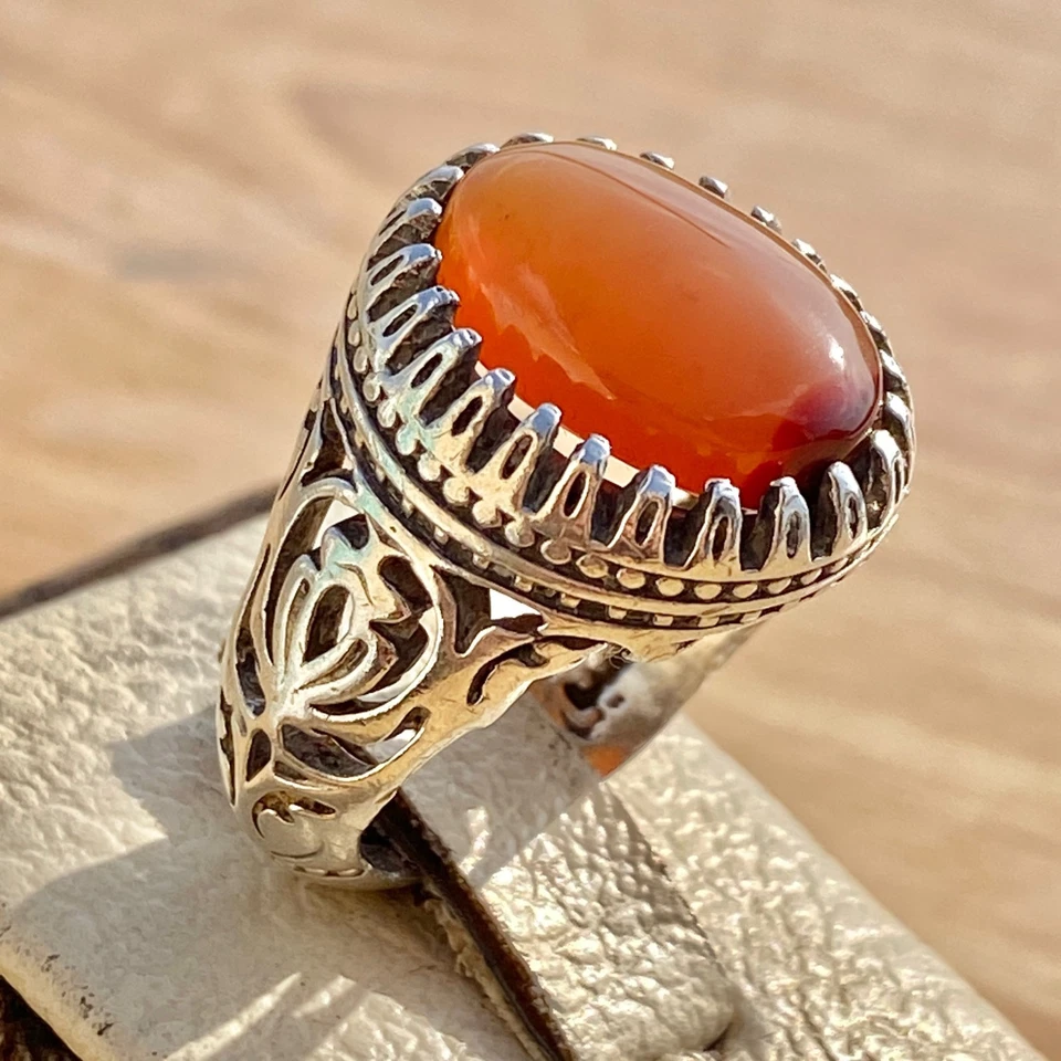 ANILLO Rojo Antiguo Yemení Ágata Anillo Aqeeq para Hombre en Plata de Ley 925 Hecho a Mano Foto 1 de 4