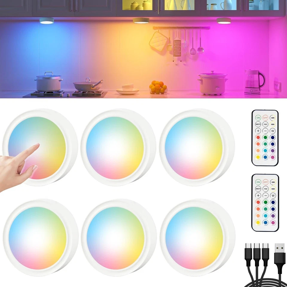 Rechargeable Under Cabinet Lighting LED Kitchen Shelf Puck Lights RGB Tap Remote - Image 1 of 4