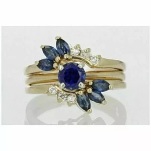 2Ct Round Cut Lab Created Sapphire Wedding Trio Ring Set 14K Yellow Gold Plated - Picture 1 of 6