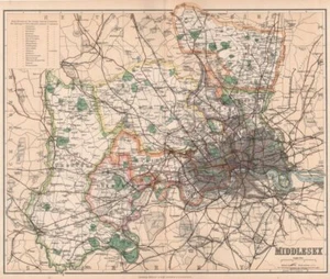 LONDON & MIDDLESEX. Divisionen, parlamentarische Bezirke & Eisenbahnen.PHILIP 1902 Karte - Bild 1 von 2