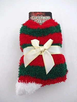 Christmas Fuzzy Socks Red Green Striped Cozy Ladies Gift Bow - Image 1 of 4