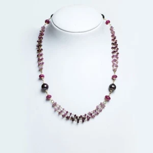 Necklace Infije Yellow Gold 18k With Rubies Red And Pearls Purple - Picture 1 of 5