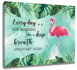 Green Plant Leaf Pink Flamingo Canvas Wall Art for Bathroom Living Room Bedroom - Picture 1 of 23