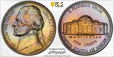 PR66 1959 5C Jefferson Proof Nickel PCGS Secure- Pretty Rainbow Toned Cover