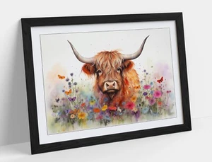 WATERCOLOUR HIGHLAND COW & WILDFLOWERS 1 -FRAMED WALL ART POSTER PAPER PRINT - Picture 1 of 10