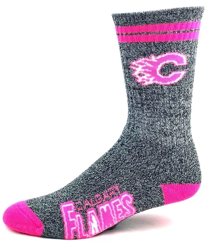 Calgary Flames Hockey Gray Marbled Pink 2 Stripe Crew Socks Cover