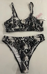 Snake Skin Print 2 Piece Swim Suit M, High Hip Leg Bikini, Metal Accent Sexy NWT - Picture 1 of 7