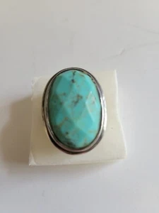 Vintage Sterling 925 Thai CFJ Oval Turquoise w/ Harlequin Diamond Cut - Picture 1 of 5