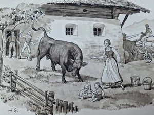 alte Tusche Zeichnung 30er Jahre Bauernhof Stier Scherz Szene 30x22cm sig. HG - Picture 1 of 6