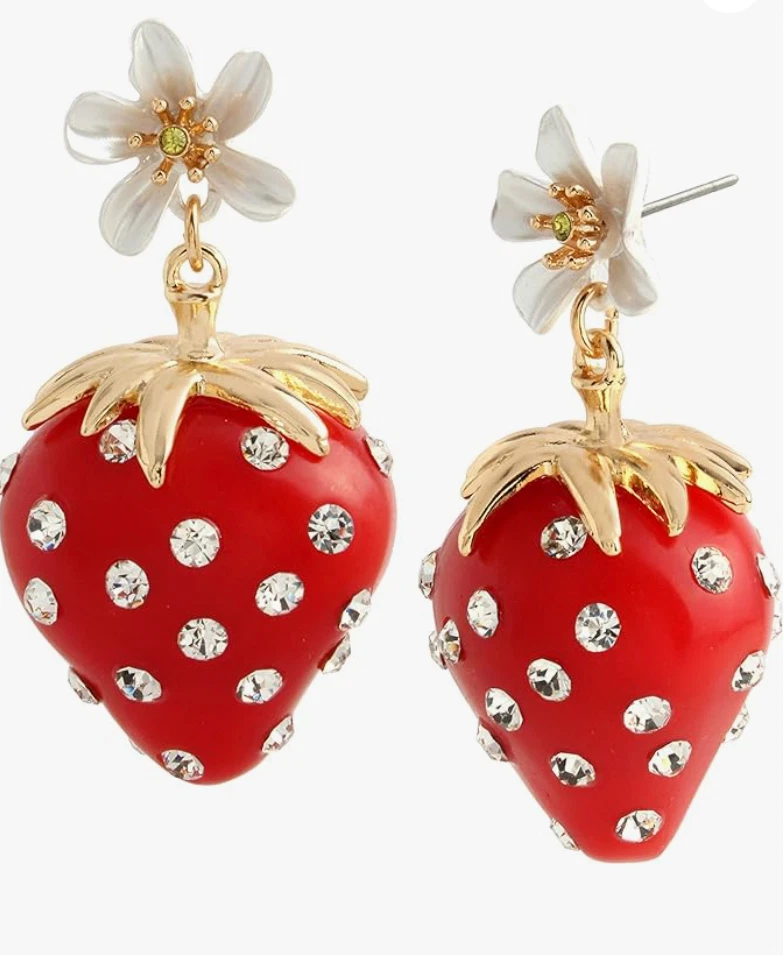 Betsey Johnson Cute Red Strawberry With White Flower Drop Earrings