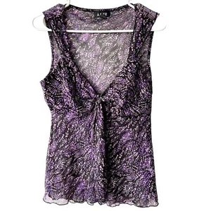 A. Byer Sheer Sleeveless V-Neck Bow Front Partially Lined Purple Black Top Large - Picture 1 of 9