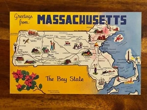 Greetings from Massachusetts State Map The Bay State Vintage Postcard - Picture 1 of 3