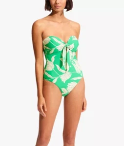 Seafolly Fleur De Bloom Twist Tie Front Swimsuit UK 10 Jade Recycled Nylon - Picture 1 of 4