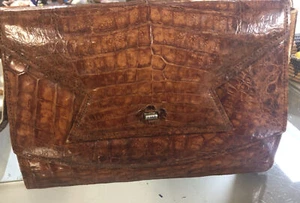 Vintage Alligator Purse handbag 1950s brown Leather Croc - Picture 1 of 11