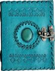 Handmade Leather Journal Ocean Blue Color Notebook With Stone & Lock 7 " 5" Inch