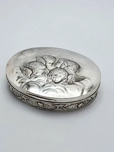 Fabulous Antique Solid Silver Oval Trinket Box with Cherub Relief - 1907 - Picture 1 of 7