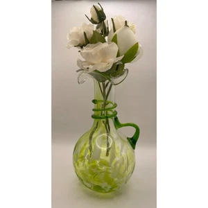 Vintage Murano Style Green Vase/Pitcher with Ruffled Lip & Bulb Base With Handle - Picture 1 of 7
